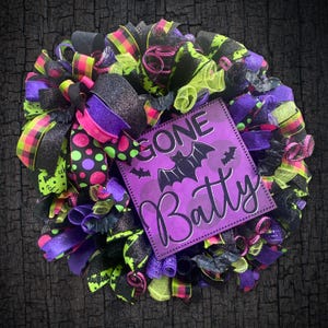 Whimsical Halloween Wreath for Front Door Handmade Deco Mesh Bat Design in Purple & Green Funny Porch Sign Spooky Wall Hanging Gift for Her