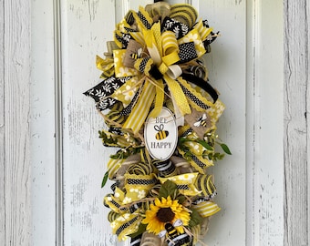 Couronne de butin abeille, décoration estivale de porte d'entrée, accent de porche bourdon, présentoir d'entrée de ferme, enseigne de maison rustique, cadeau de pendaison de crémaillère