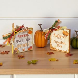 Può includere: Due cartelli in legno con testo e decorazioni a tema autunnale. Un cartello dice "Pumpkins Apple Cider Hay Rides" e l'altro "Autumn Skies Pumpkin Pies". Una zucca decorativa è posizionata tra i cartelli.