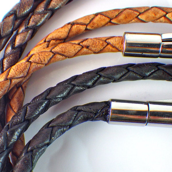 3mm bolo braided leather cord necklaces in tan, distressed grey and antique brown, with stainless steel snap clasp, custom sizes