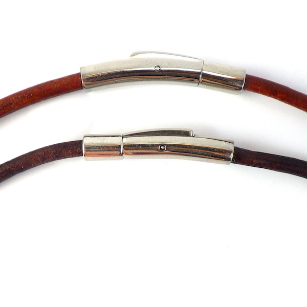 3mm leather cord necklaces in antique brown and mahogany red, with stainless steel snap lock clasp, custom order sizes