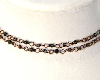 Beaded necklace, hand made copper chain with black Czech glass beads, 28 inches, antiqued