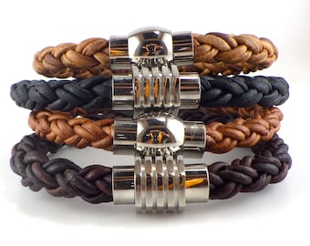 Pulsera para hombre, de cuero trenzado de 8 mm, hecha a medida en diferentes tallas, disponible en negro, marrón oscuro, marrón claro y rubio.