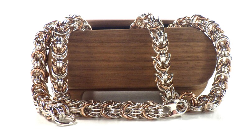 Sterling silver necklace with bronze accents,chainmaille necklace with mobius knot and rosetta chain