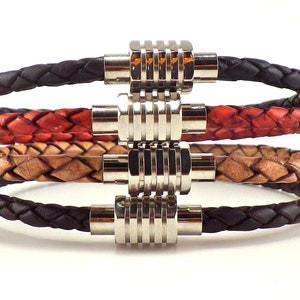 Stacking bracelets, 4mm braided genuine leather bracelets with fashionable stainless steel magnetic clasp