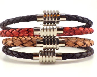 Stacking bracelets, 4mm braided genuine leather bracelets with fashionable stainless steel magnetic clasp