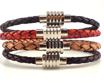 Pulseras apilables, pulseras de cuero genuino trenzado de 4 mm con moderno cierre magnético de acero inoxidable