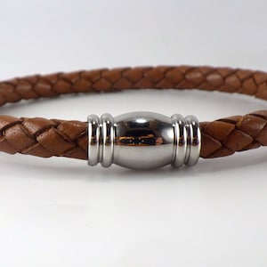 Men&#39;s leather bracelet, 6mm saddle brown, bolo braided leather bracelet with stainless steel magnetic clasp