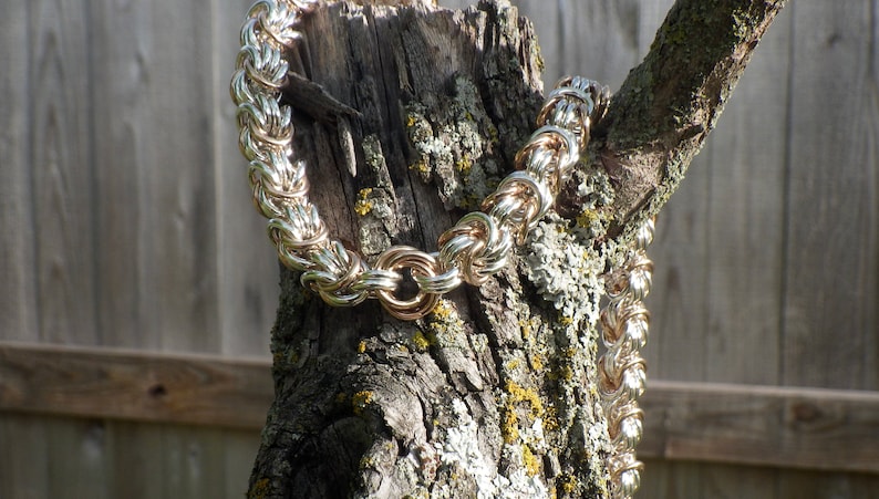 Sterling silver necklace with bronze accents,chainmaille necklace with mobius knot and rosetta chain