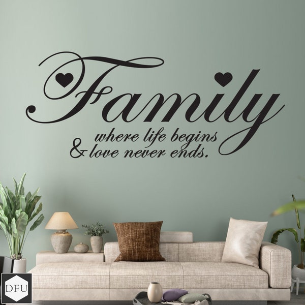 Family where life begins and love never ends - Wall Sticker, Wall Art, Decal, Quote - Designs For You Uk