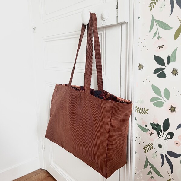 Tote bag in warm brown and liberty corduroy, ideal gift