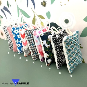 May include: Nine decorative fabric squares with different patterns, including floral, geometric, and abstract designs. The squares are lined with white fabric and have a loop for hanging. The squares are numbered 1 through 9.