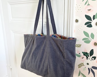Grey and Liberty corduroy tote bag, ideal as a gift