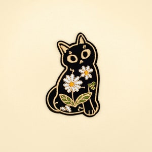 アイロン接着式黒猫フラワーモチーフパッチ/動物バッジ/ペットパッチ/DIY/装飾パッチ/刺繍アップリケ/アップリケモチーフ/動物好き/猫好き