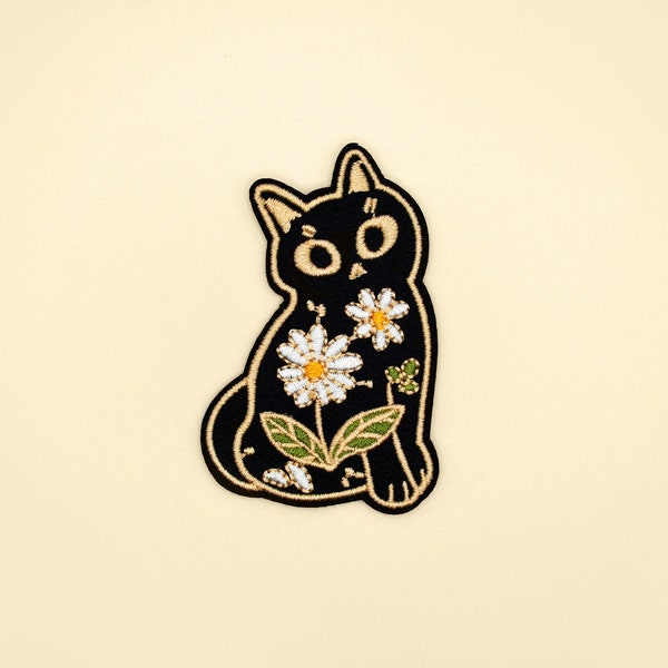 Iron-On Black Cat Flower Motil Patch/Animal Badge/Pet Patch/DIY/Decorative Patch/Embroidered Applique/Applique Motif/Animal Lover/Cat Lover