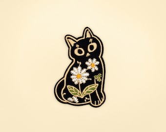 Iron-On Black Cat Flower Motil Patch/Animal Badge/Pet Patch/DIY/Decorative Patch/Embroidered Applique/Applique Motif/Animal Lover/Cat Lover