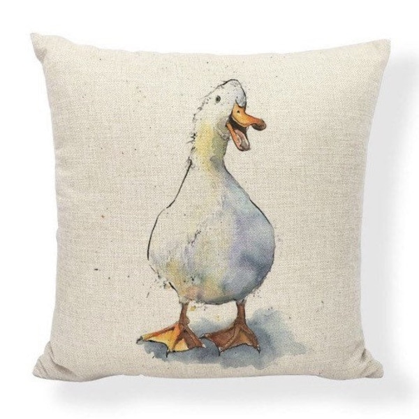 Housse de coussin illustration canard 43 cm/Cadeau pour les amoureux des canards/Collection de coussins animaux funky/Cadeau animaux/Cadeau de Noël/Housse de coussin en lin avec fermeture éclair