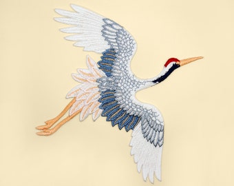 Écusson à coudre grande grue/Oiseau japonais/Insigne animal/DIY/Écusson décoratif/appliqué brodé/Motif d'applique/Cadeau pour amateur de grue