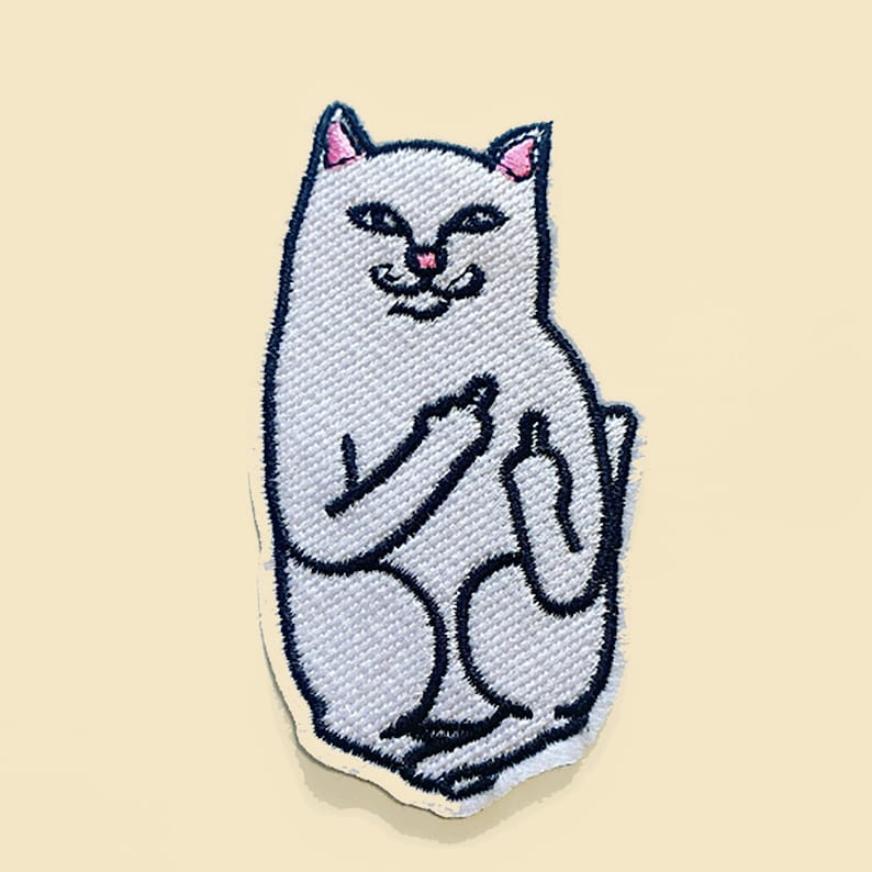 Iron-On Large Quirky Cat Patch/Rude Animals/Animal Patch/Animal Lover/Cat Lover Gift/Rude Style/White Cat/Embroidered/Applique Motif image 1