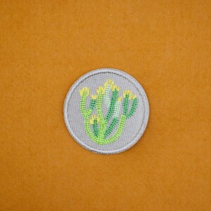 May include: A round, grey embroidered patch featuring a green and yellow cactus design.