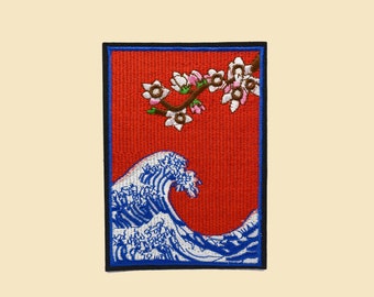 Parche termoadhesivo grande de la Ola de Kanagawa – Aplique bordado japonés Hokusai para manualidades y amantes del arte
