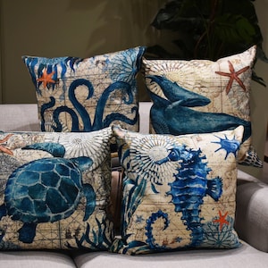 Linen Ocean Marine Life Cushion Cover/Seaside Chic/Ocean Inspired Living/Coastal Vibes/Beach Home Style/Ocean Decor/SeaLife Style/43cm