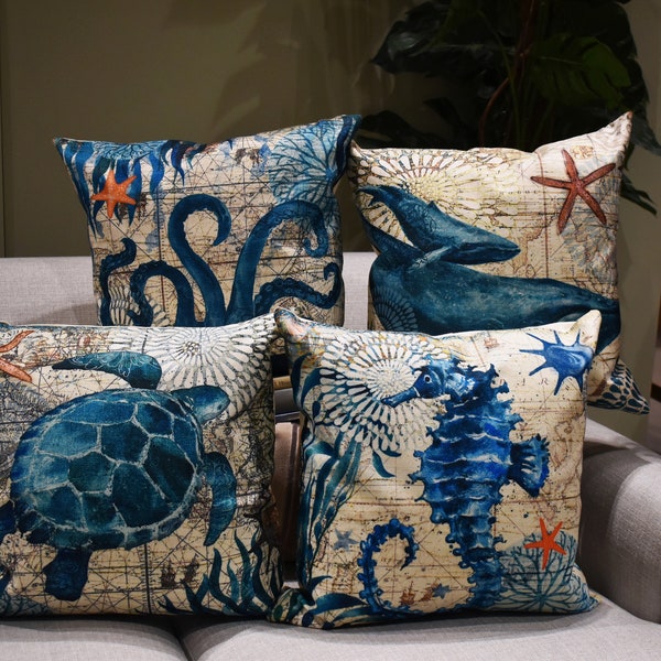 Linen Ocean Marine Life Cushion Cover/Seaside Chic/Ocean Inspired Living/Coastal Vibes/Beach Home Style/Ocean Decor/SeaLife Style/43cm