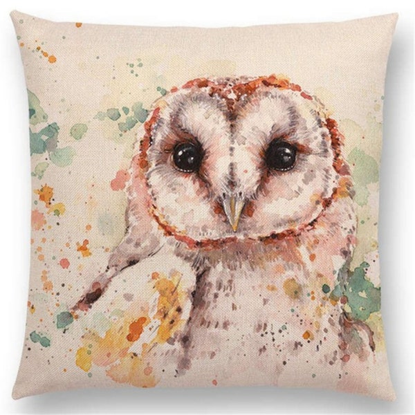 Housse de coussin illustration chouette colorée 43 cm/Housse de coussin en lin avec fermeture éclair/Cadeau pour amoureux/Cadeau pour amoureux des animaux/Collection de coussins animaux