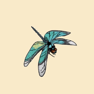 May include: A blue dragonfly with black veins and brown eyes, with its wings spread out in flight.