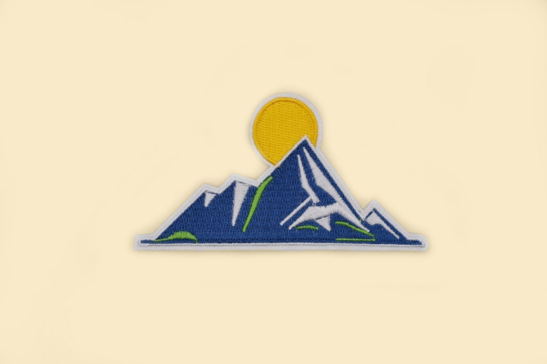 Iron-On Mountain Sun Patch/Outdoor Enthusiast Gift/Hiking Badge/Nature-Inspired/Embroidered Applique/Nature Lover Gift/Backpack Accessory image 1