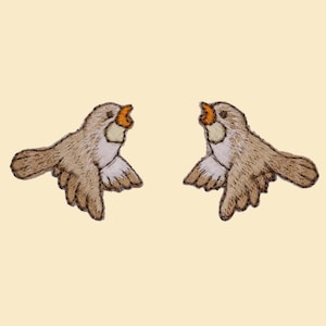 Puede incluir: Dos parches bordados de pájaros. Cada pájaro tiene plumas marrones y beige, detalles blancos y un pico naranja. Los pájaros están representados en vuelo, con las alas extendidas. El fondo es de color beige claro.