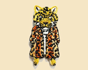 Stick-On Cool Leopard With Coat Patch/Animal Badge/DIY Embroidery/Decorative Patch/Embroidered/Applique Motif/Trendy Patch/Tiger Lover Gift