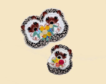 Adorable Hedgehog Holding Flowers Iron-On Patch/Garden Animal Badge/Hedgehog Badge/Decorative Patch/Embroidered Applique/Animal Lover Gift