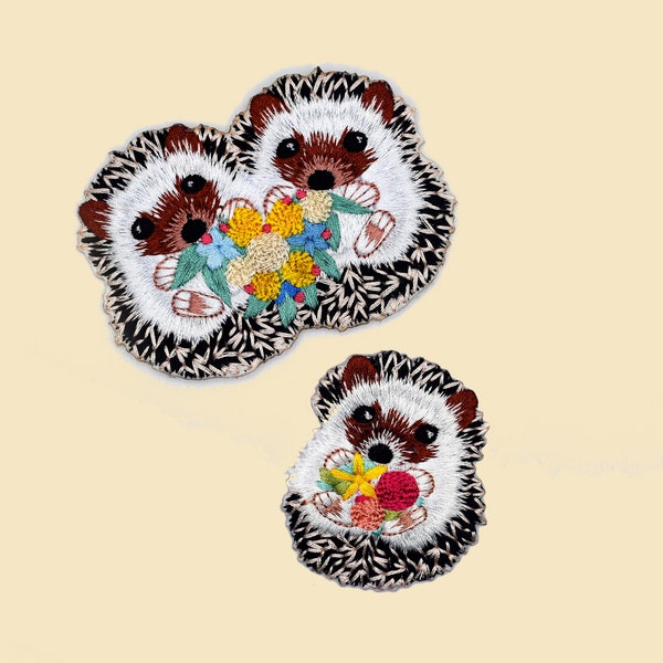 Adorable Hedgehog Holding Flowers Iron-On Patch/Garden Animal Badge/Hedgehog Badge/Decorative Patch/Embroidered Applique/Animal Lover Gift