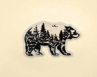 Iron-On Bear With The Forest Patch/Forest Animal Badge/DIY Embroidery/Decorative Patch/Embroidered Applique/Applique Motif/Bear Lover Gift