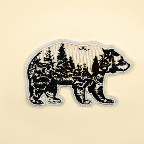 Iron-On Bear With The Forest Patch/Forest Animal Badge/DIY Embroidery/Decorative Patch/Embroidered Applique/Applique Motif/Bear Lover Gift