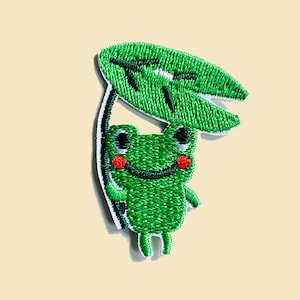 Iron-On Frog Patch/Animal Patch/DIY Embroidery/Embroidered Applique/Green frog with leaf Badge/Frog Applique/Frog Lover Gift/Kids patches