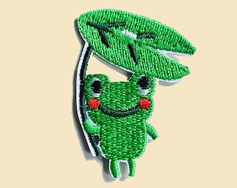 Iron-On Frog Patch/Animal Patch/DIY Embroidery/Embroidered Applique/Green frog with leaf Badge/Frog Applique/Frog Lover Gift/Kids patches