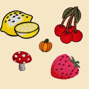 May include: A set of six embroidered iron-on patches featuring a lemon, a slice of lemon, a pumpkin, a mushroom, a strawberry, and a bunch of cherries.