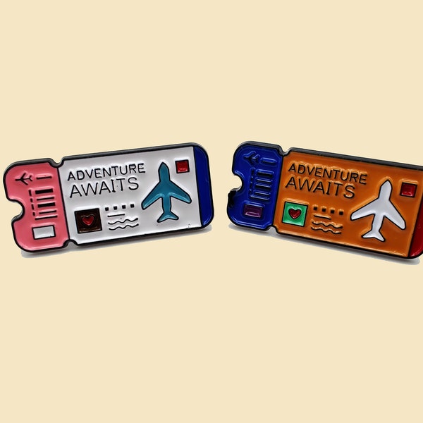 Adventure awaits badge pins/Travel Enamel Pins/Flight ticket pins/adventure brooch/backpack pins/adventure lover gift/adventurer gift