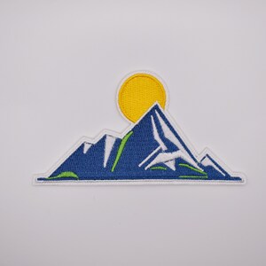 Iron-On Mountain Sun Patch/Outdoor Enthusiast Gift/Hiking Badge/Nature-Inspired/Embroidered Applique/Nature Lover Gift/Backpack Accessory image 2