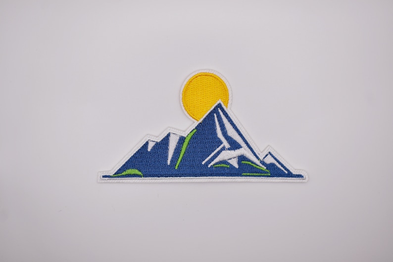 Iron-On Mountain Sun Patch/Outdoor Enthusiast Gift/Hiking Badge/Nature-Inspired/Embroidered Applique/Nature Lover Gift/Backpack Accessory image 2