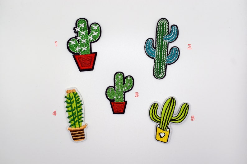 May include: Five embroidered cactus patches in different styles. The patches are all green and feature different shapes and details. The patches are perfect for adding a touch of whimsy to your clothing, bags, or other accessories.