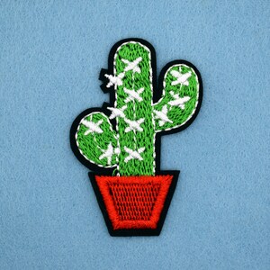 May include: Green embroidered cactus with white accents in a red pot. The cactus is a popular design for home decor and crafts.
