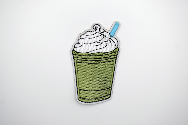 Iron-On Matcha Milkshake Patch/Food Badge/Summer Drink Patch/Decorative Patch/DIY Embroidery/Embroidered Applique/Applique Motif/Quirk Patch image 2