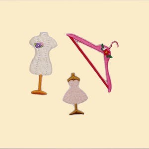 Iron/Stick-On Dress Form & Hanger Patch Set/Designer Applique/Sewing Badge /Applique Motif/Embroidered Tailor Patch/Fashion Lover Gift