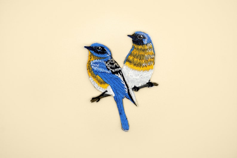 Iron-On Two Eastern BluebirdsPatch/Animal Badge/DIY Embroidery/Decorative Patch/Embroidered Applique/Applique Motif/Garden Birds Lover Gift image 1