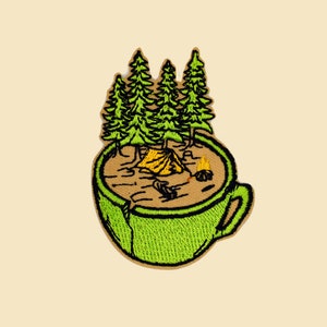 Iron-On Camping In Forest Cup Motif Patch/Camping Icon Badge/Camper Decorative Patch/DIY Embroidery/Embroidered Applique/Camping Lover Gift