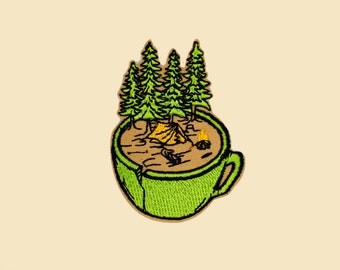 Iron-On Camping In Forest Cup Motif Patch/Camping Icon Badge/Camper Decorative Patch/DIY Embroidery/Embroidered Applique/Camping Lover Gift