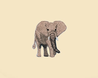 May include: Embroidered patch of a gray elephant with white tusks. The elephant is facing forward with its trunk raised.